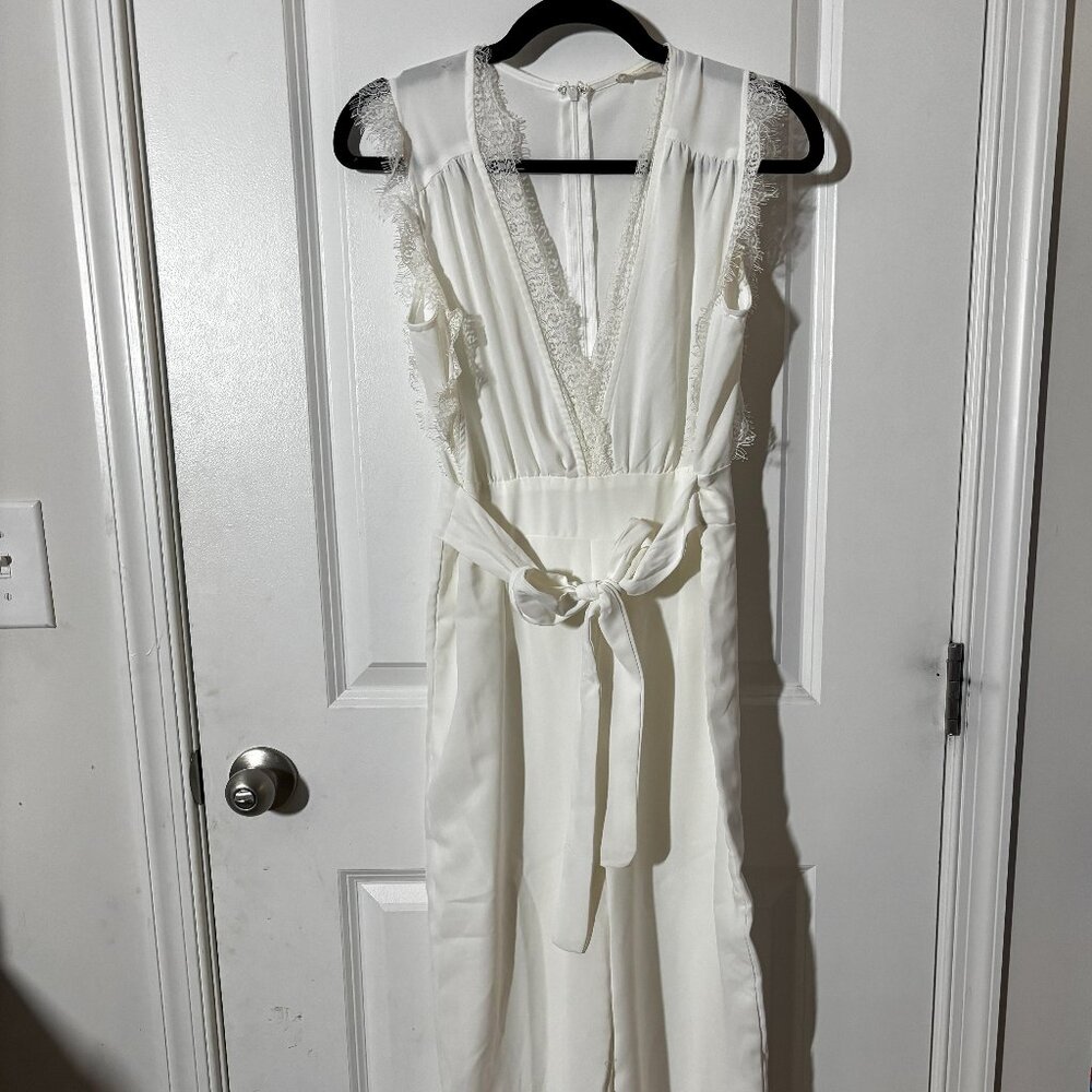 Altar’d State White Lace Trim Sleeveless Jumpsuit with Tie Waist